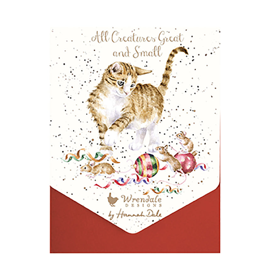 Wrendale Designs Christmas Cards pk-8 CAT MICE baubles