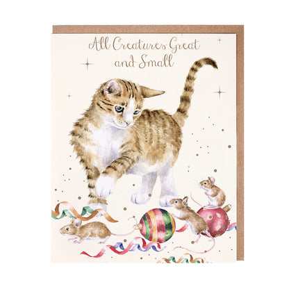 Wrendale Designs Christmas Cards pk-8 CAT MICE baubles