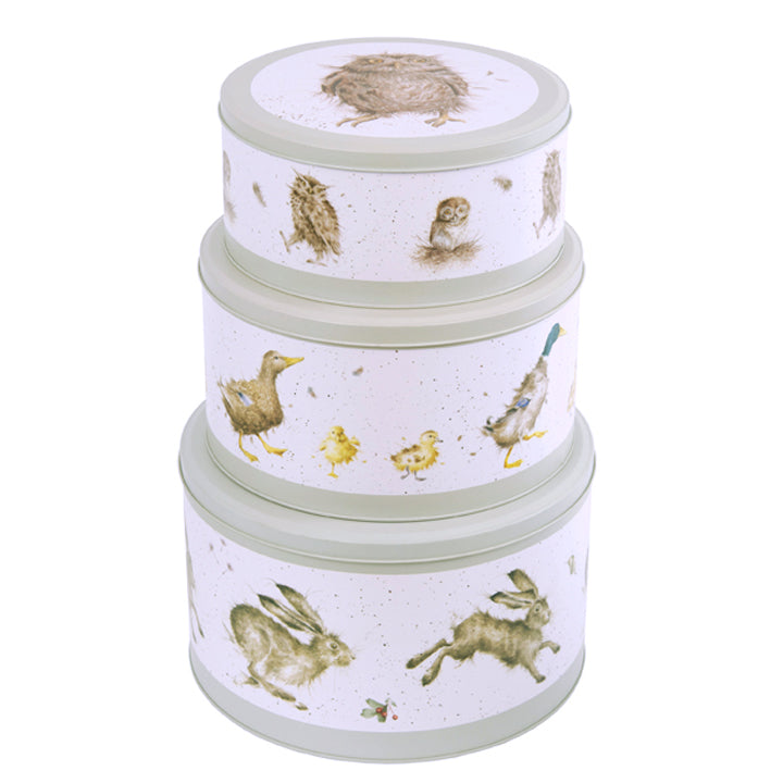 Wrendale Designs Cake Tins Nest-3 with SAGE coloured trims and feature Hannah Dale's  illustrations of Hares, Ducks & Owls