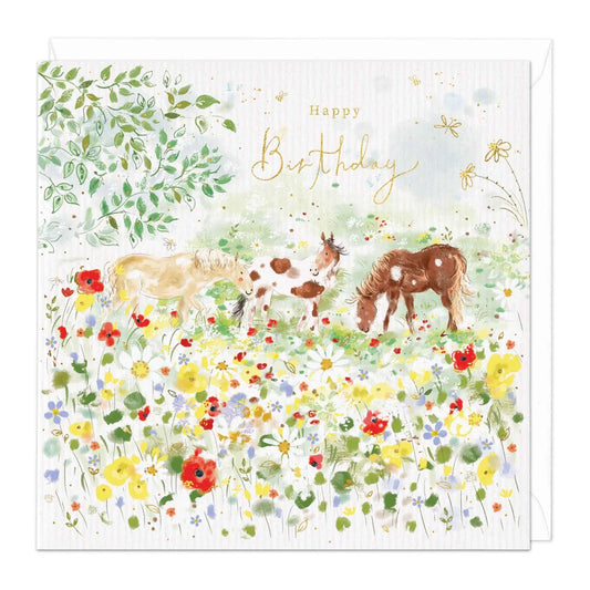 Birthday card HORSES in MEADOW red