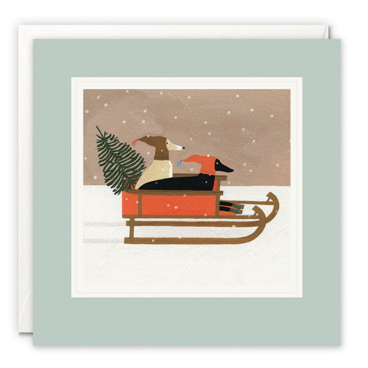 James Ellis Christmas card GREYHOUNDS sled