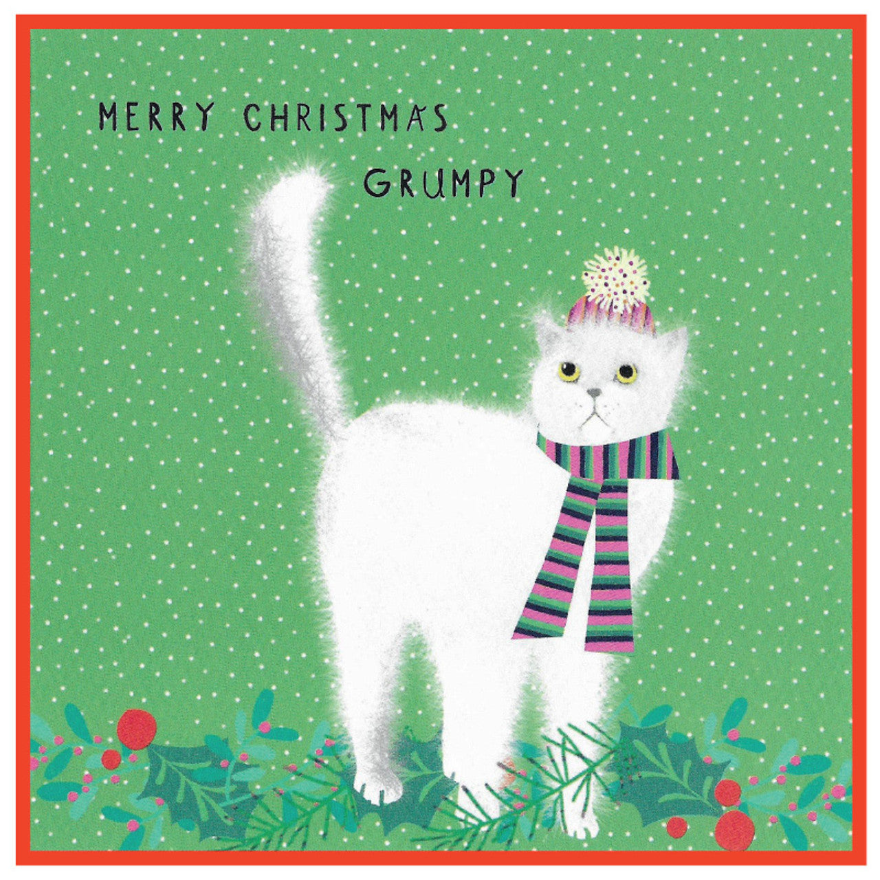 Cinnamon Aitch Christmas Card Margot Cat GRUMPY white