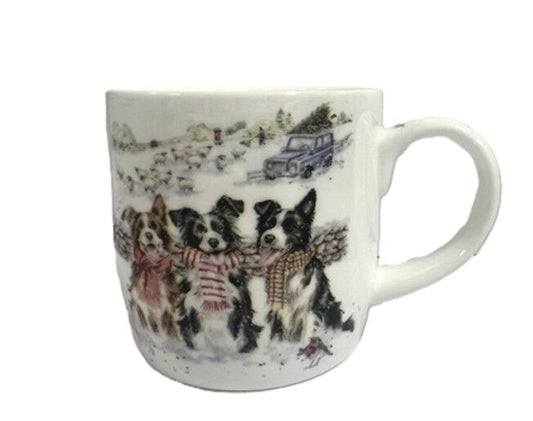 Wrendale Designs Christmas Mug COLLIE DOGS robin scarves