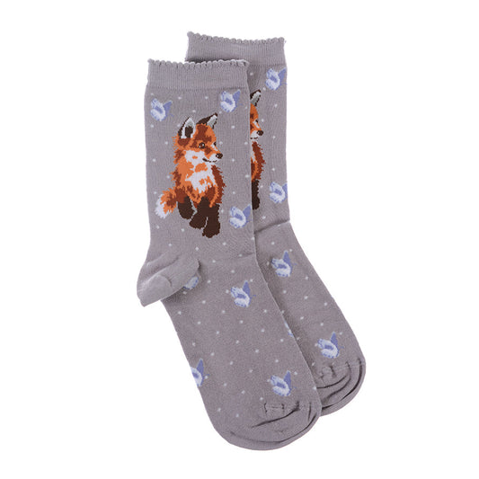 Wrendale Designs medium-sized Socks featuring Hannah Dale's illustration of a Fox cub on a grey background and titled <I>Born to be Wild</I>