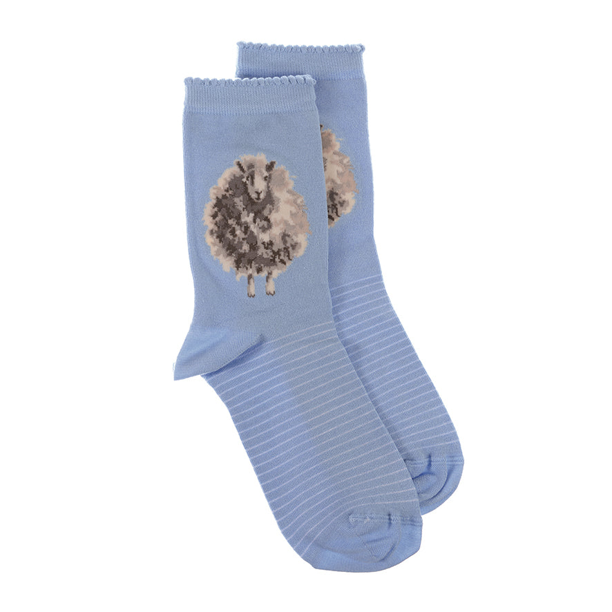 Wrendale Designs medium-sized Socks featuring Hannah Dale's illustration of a Sheep on a blue background and titled <I>Woolly Jumper</I>