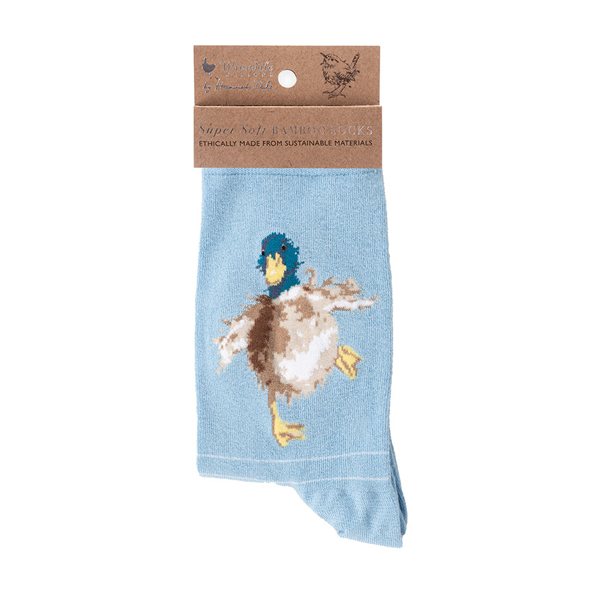 Wrendale Designs medium-sized Socks featuring Hannah Dale's illustration of a Duck on a blue background and titled <I>A Waddle and a Quack</I>