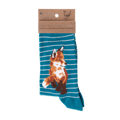 Wrendale Designs medium-sized Socks featuring Hannah Dale's illustration of a Fox Cub on a blue background and titled <I>Born to be Wild</I>