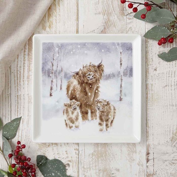 Wrendale Designs Christmas Plate Sq HIGHLAND COW CALVES