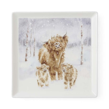 Wrendale Designs Christmas Plate Sq HIGHLAND COW CALVES