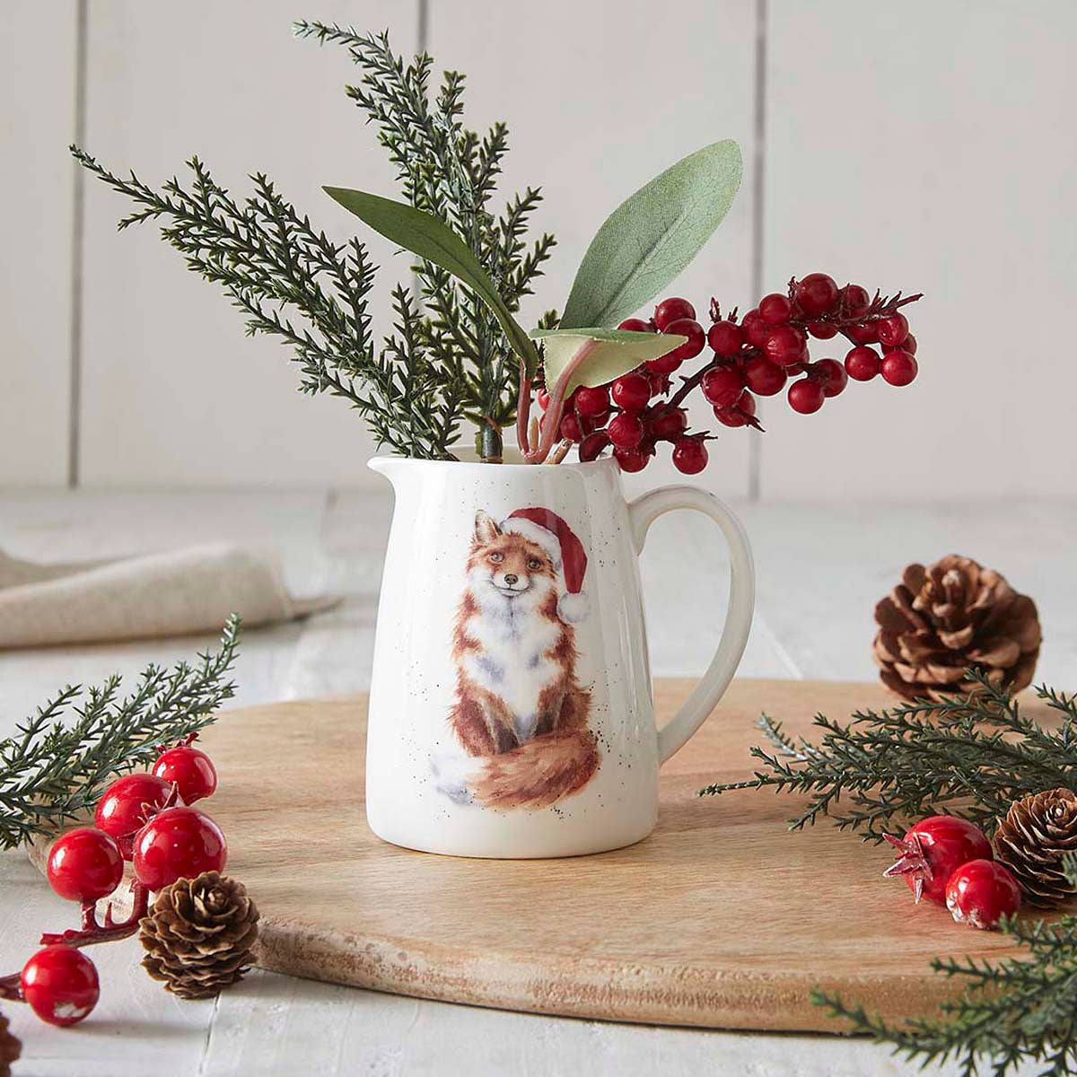 Wrendale Designs Christmas Jug Posy FOX santa hat