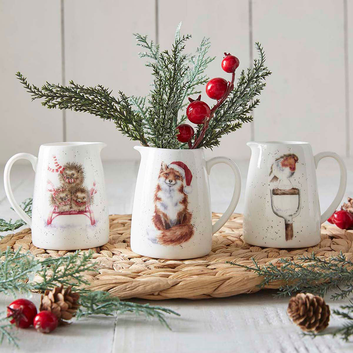 Wrendale Designs Christmas Jug Posy FOX santa hat