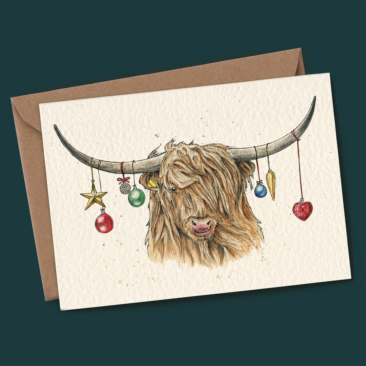 Bewilderbeest Christmas card HIGHLAND COW baubles