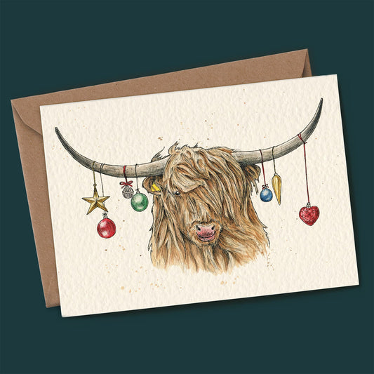Bewilderbeest Christmas card HIGHLAND COW baubles