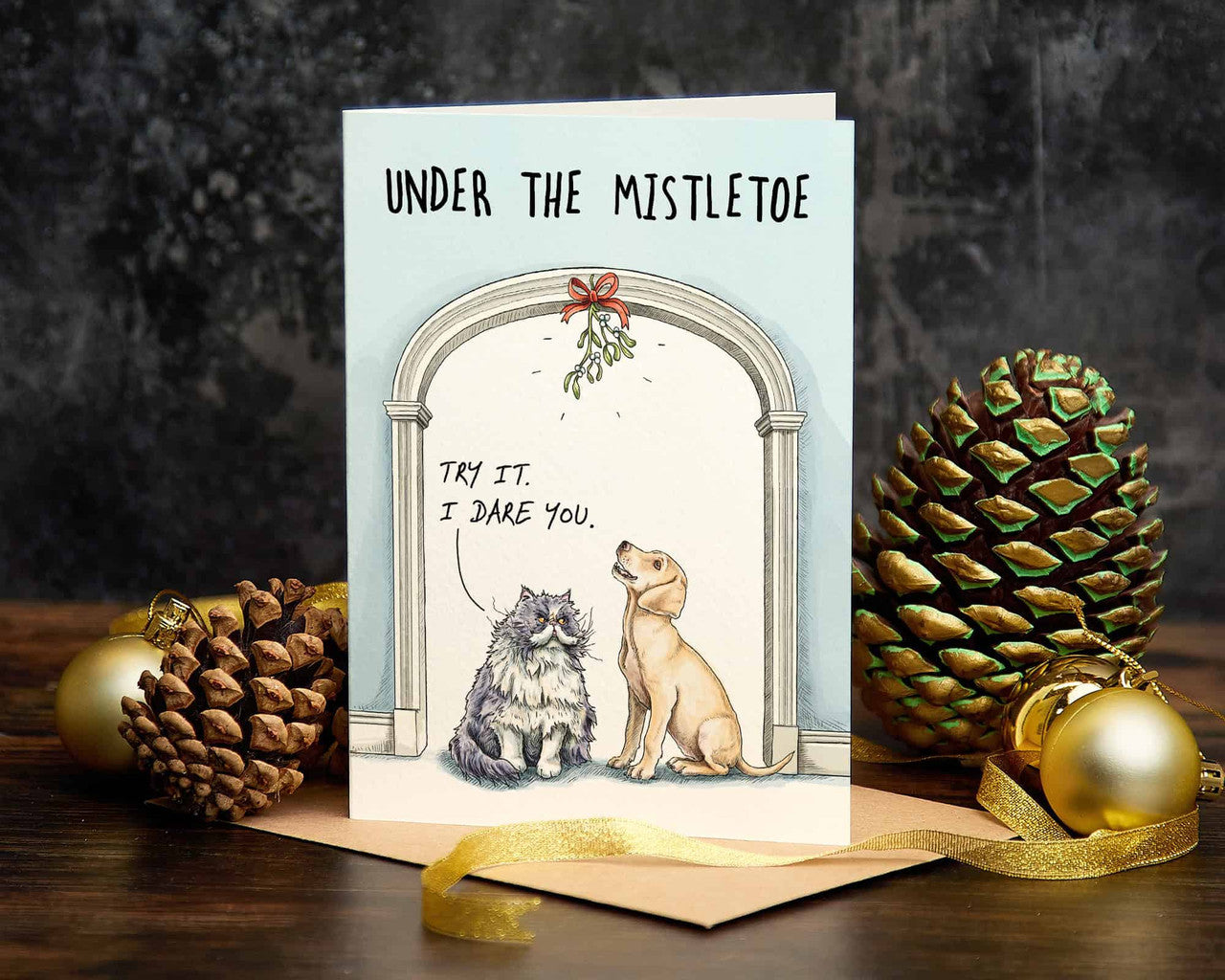 Bewilderbeest Christmas card CAT DOG mistletoe