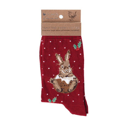 Wrendale Designs medium-sized Christmas Socks featuring Hannah Dale's illustration of a Rabbit in a plum puddng on a red background and titled <I>Pudding</I>