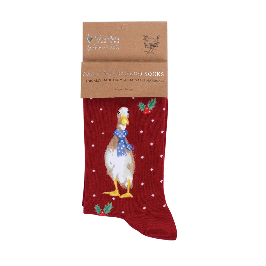 Wrendale Designs medium-sized Christmas Socks featuring Hannah Dale's illustration of a Duck on a red background and titled <I>Christmas Scarves</I>