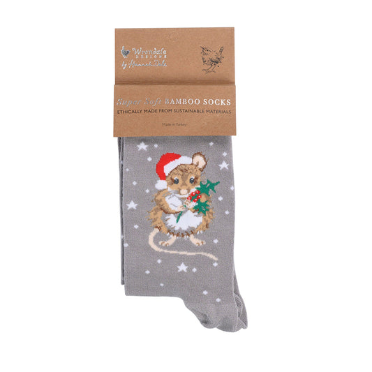 Wrendale Designs medium-sized Christmas Socks featuring Hannah Dale's illustration of a Mouse on a grey background and titled <I>Christmouse</I>