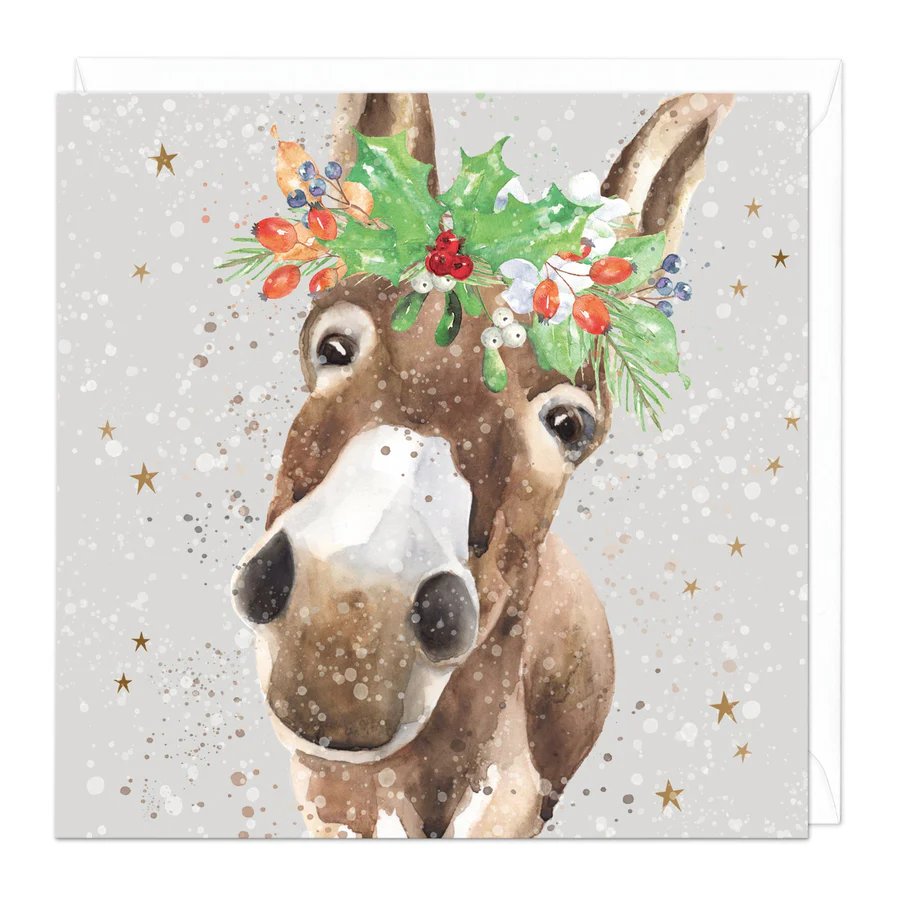 Christmas card CHRISTMAS DONKEY  holly wreath