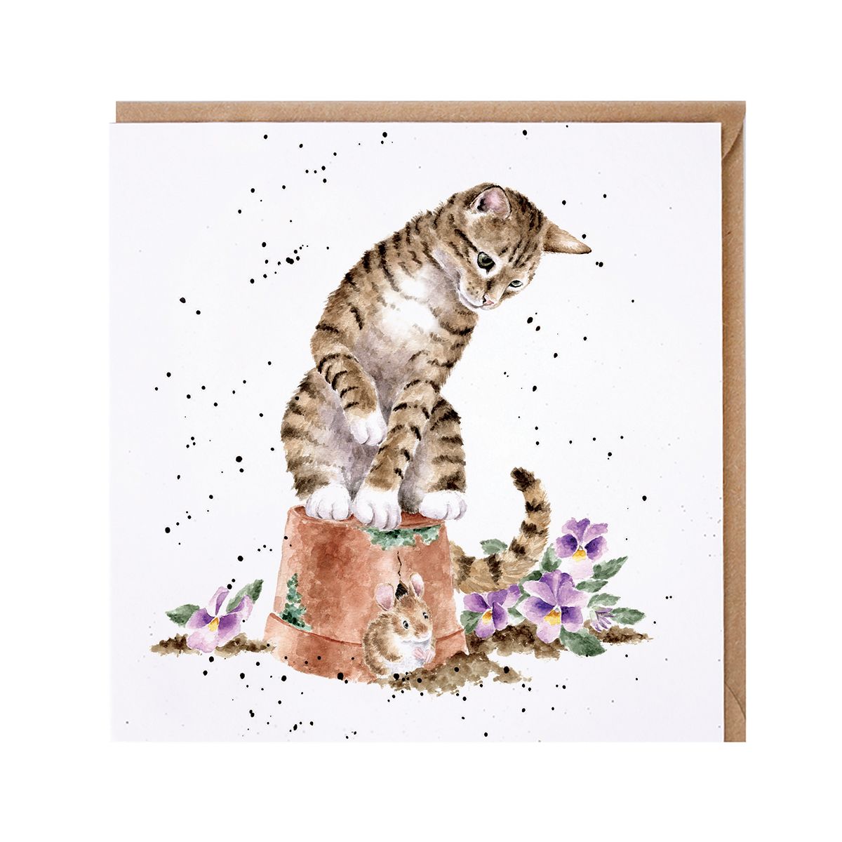 Card with a cat and mouse illustration on a white background