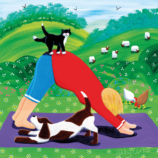 The Eco-friendly card YOGA with CAT and DOG chooks sheep