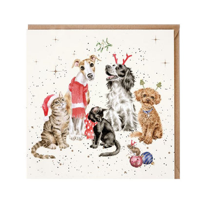 Wrendale Christmas Card sq CATS DOGS MOUSE antlers