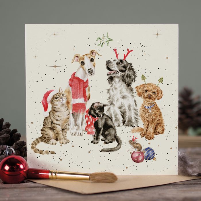 Wrendale Christmas Card sq CATS DOGS MOUSE antlers