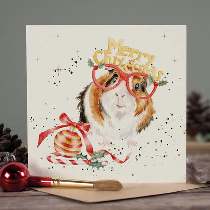 Wrendale Designs Christmas Card single GUINEA PIG xmas specs