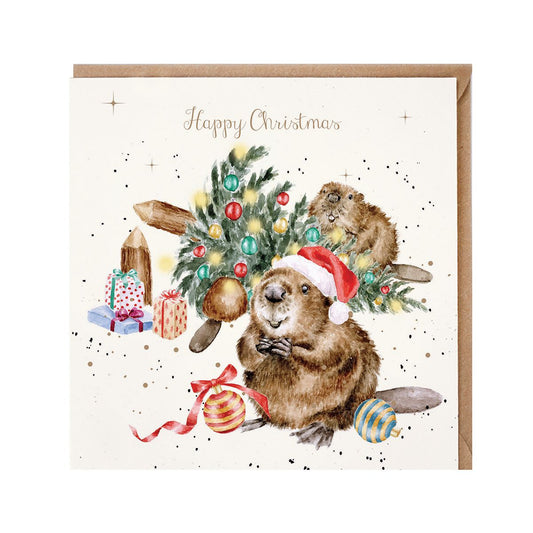 Wrendale Designs Christmas Card single BEAVER xmas tree