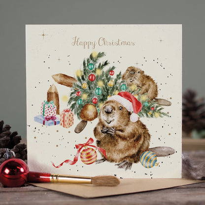 Wrendale Designs Christmas Card single BEAVER xmas tree