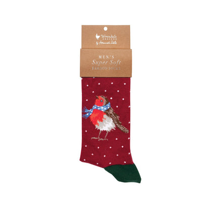 Wrendale Designs Christmas Socks Large RED ROBIN
