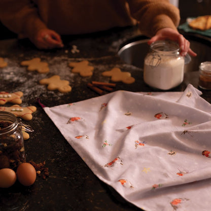 Wrendale Designs Christmas Tea Towel ROBINS blue