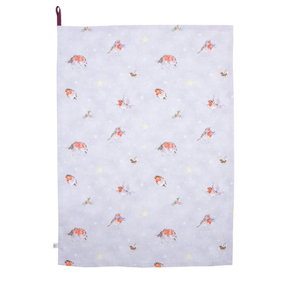 Wrendale Designs Christmas Tea Towel ROBINS blue