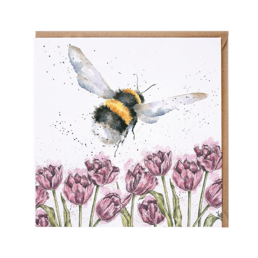 Wrendale Designs card Country Set FLIGHT OF THE BUMBLEBEE bee tulips