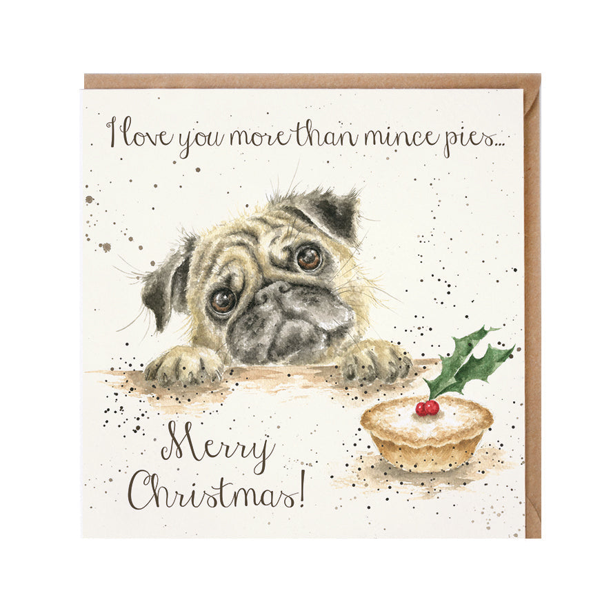 Wrendale Designs Christmas Card single PUG mince pies