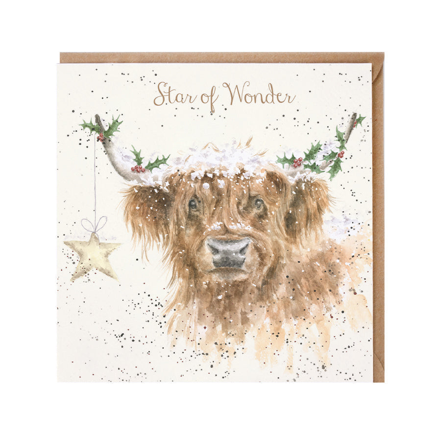 Wrendale Designs Christmas Card single HIGHLAND COW holly