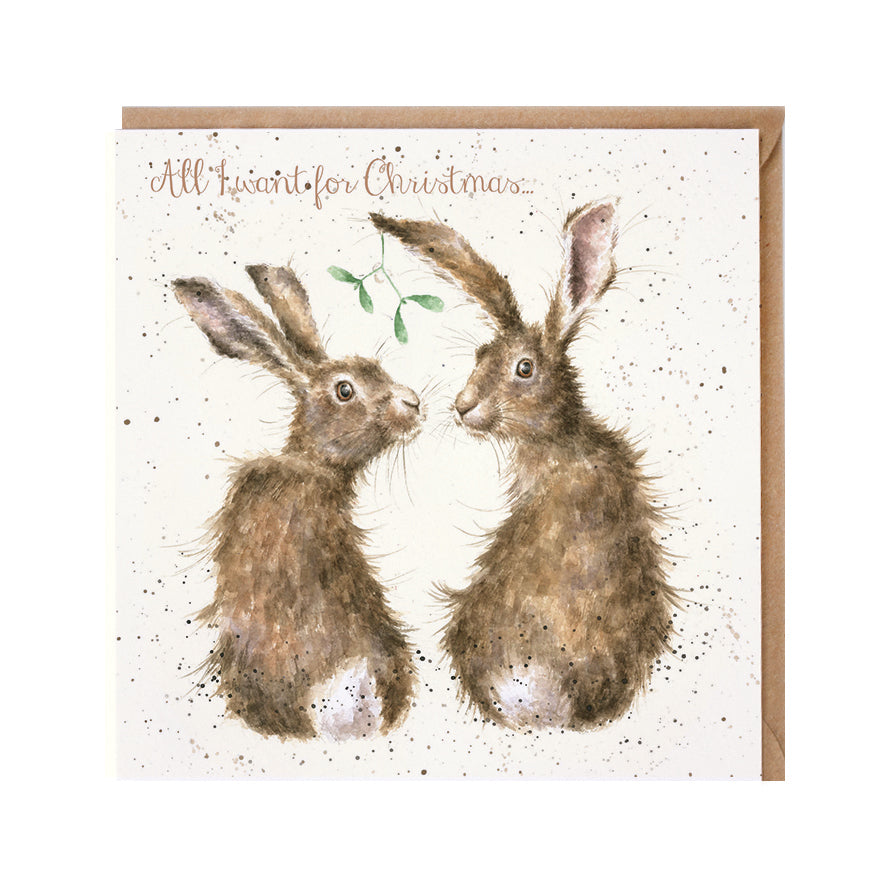 Wrendale Designs Christmas Card single HARES two mistletoe