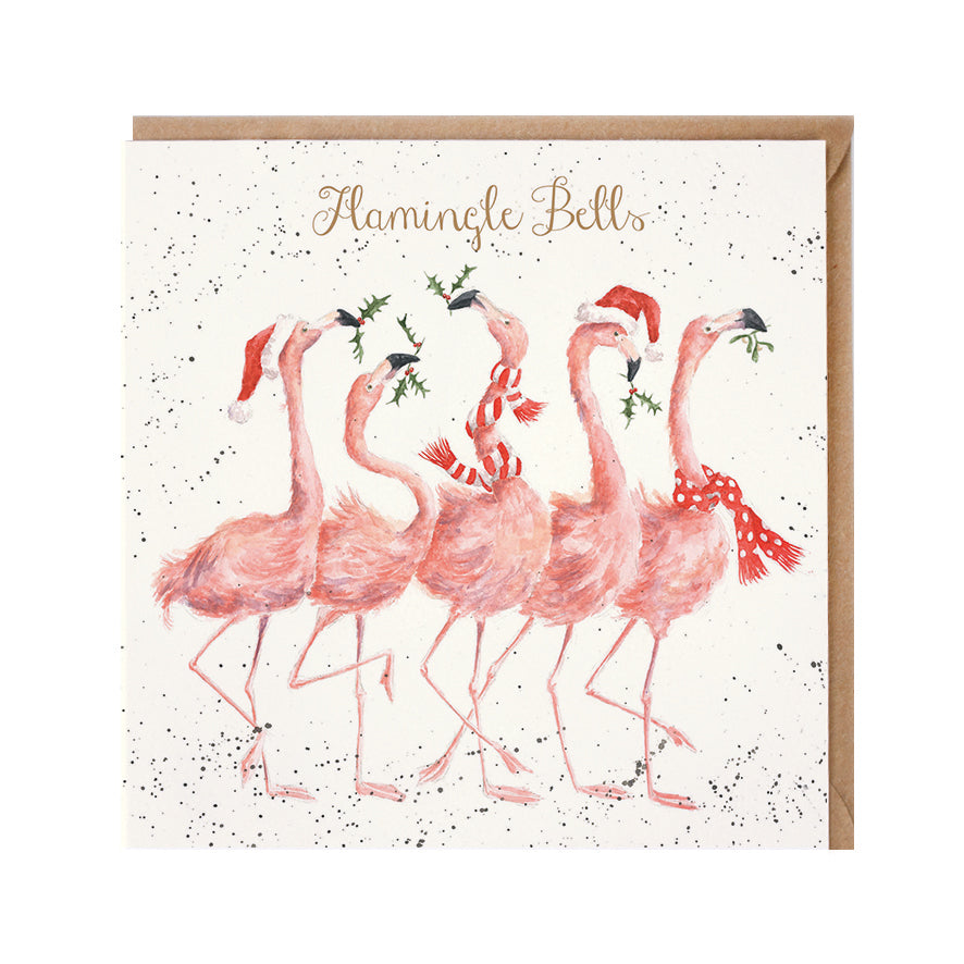 Wrendale Designs Christmas Card single FLAMINGOS scarves hats