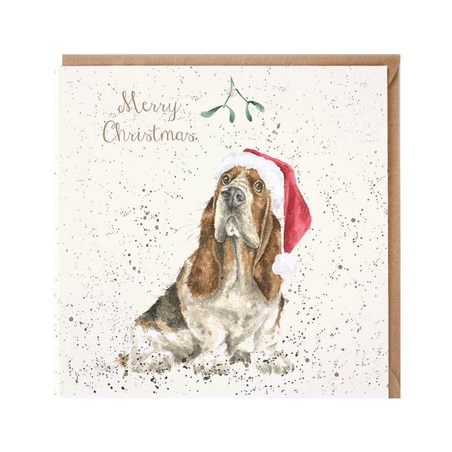 Wrendale Designs Christmas Card single BASSET HOUND santa hat