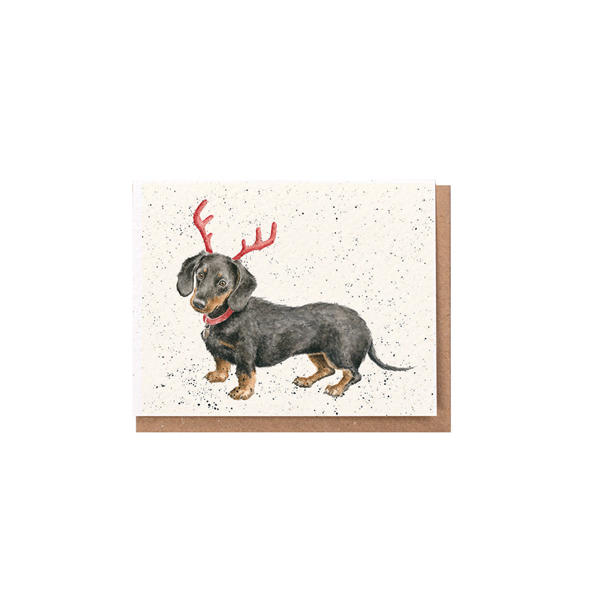 Wrendale Designs Chrsitmas Card Mini DACHSHUND antlers