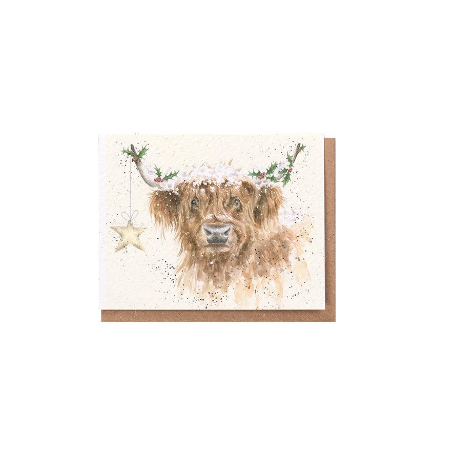 Wrendale Designs Chrsitmas Card Mini COW HIGHLAND holly star