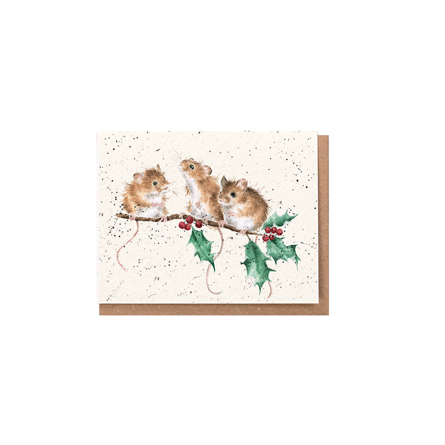 Wrendale Designs Chrsitmas Card Mini MICE 3 holly branch