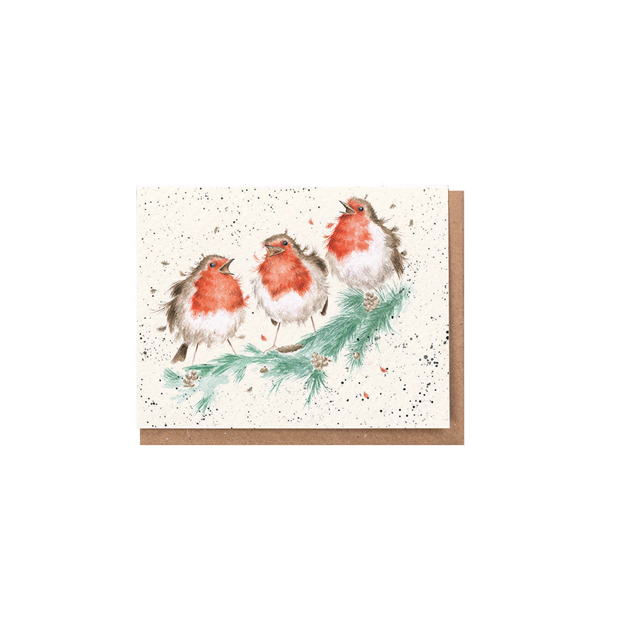 Wrendale Designs Chrsitmas Card Mini ROBINS three fir tree