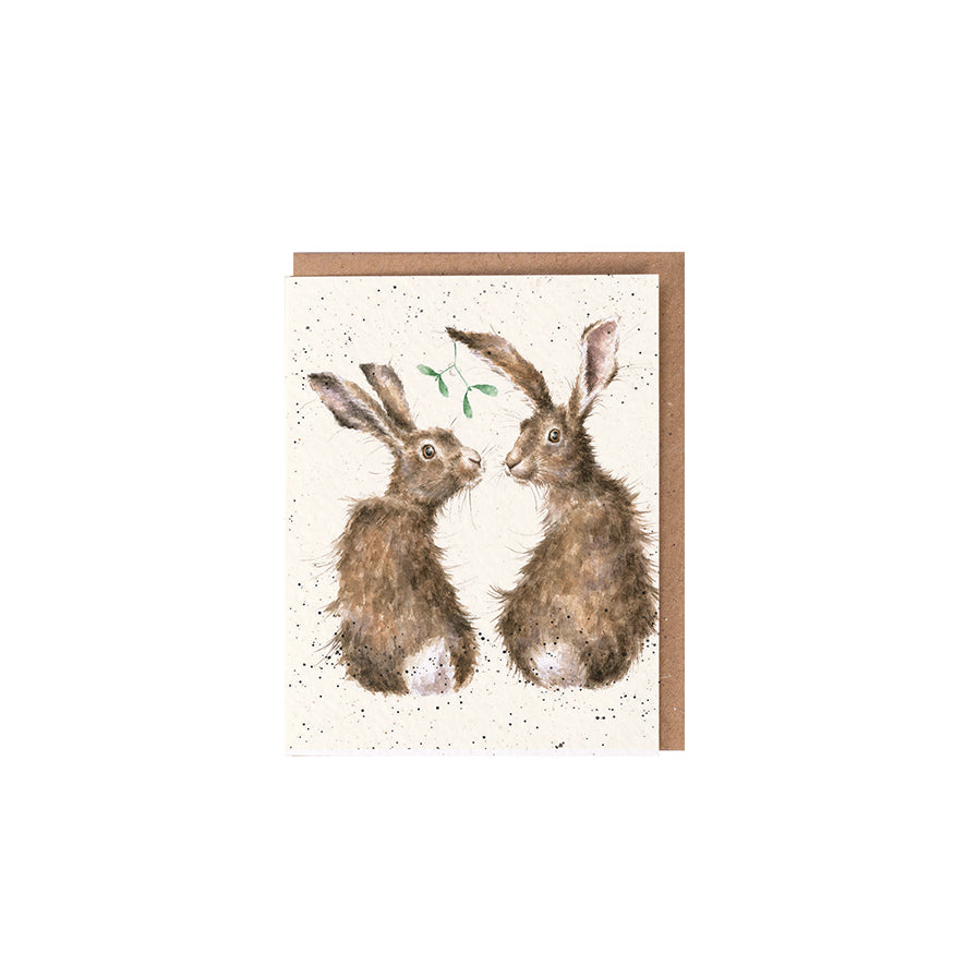 Wrendale Designs Chrsitmas Card Mini HARES two mistletoe