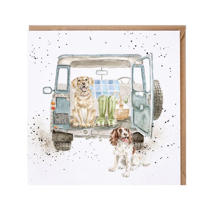 Wrendale Designs card Country Set PAWS for a PICNIC dogs land rover